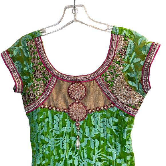 Karishma Women's Green Short Sleeve Round Neck Embellished Fit & Flare Dress S - Picture 11 of 16